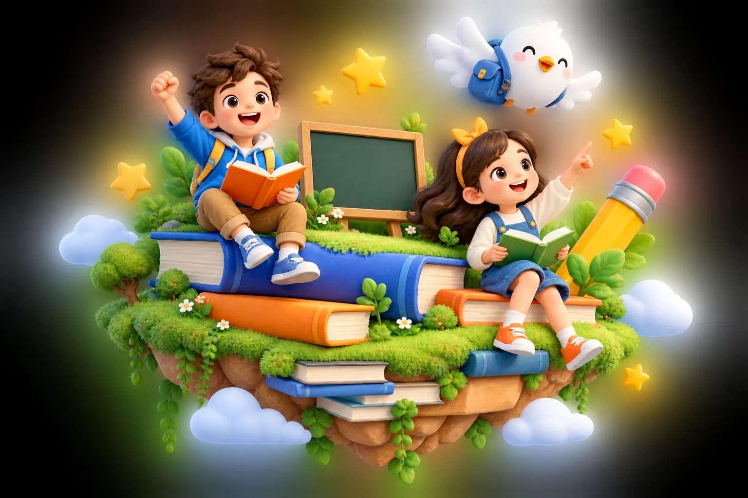 两位小学生在漂浮的书本乐园中学习,云朵小鸟飞在旁边